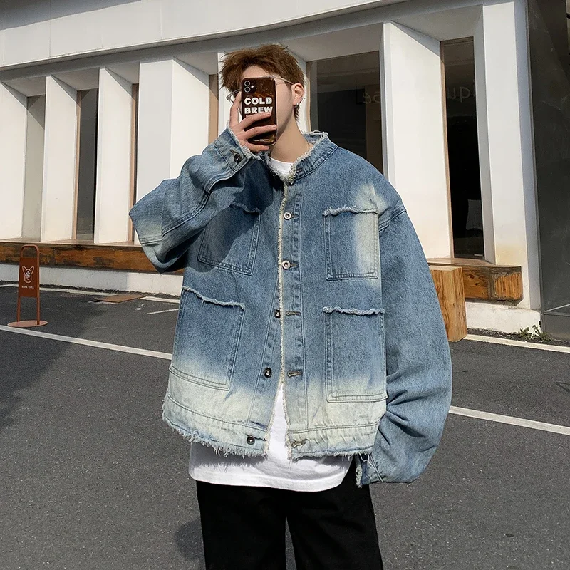 Mens Fashion Denim Jacket - American Retro Hip Pop Raw Edge