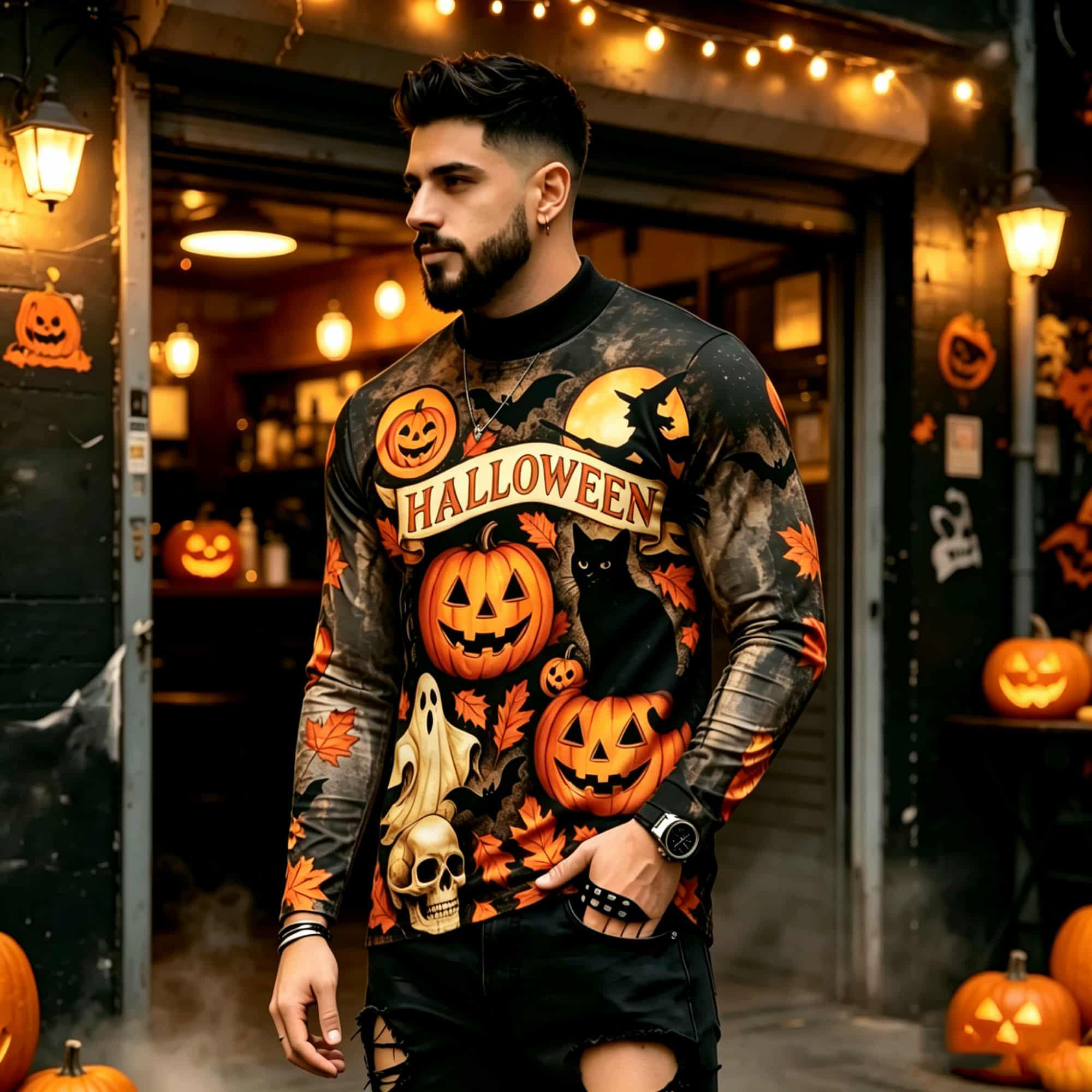 Mens Fashion Black Shirt - Casual Fashion Street Style Halloween Printed