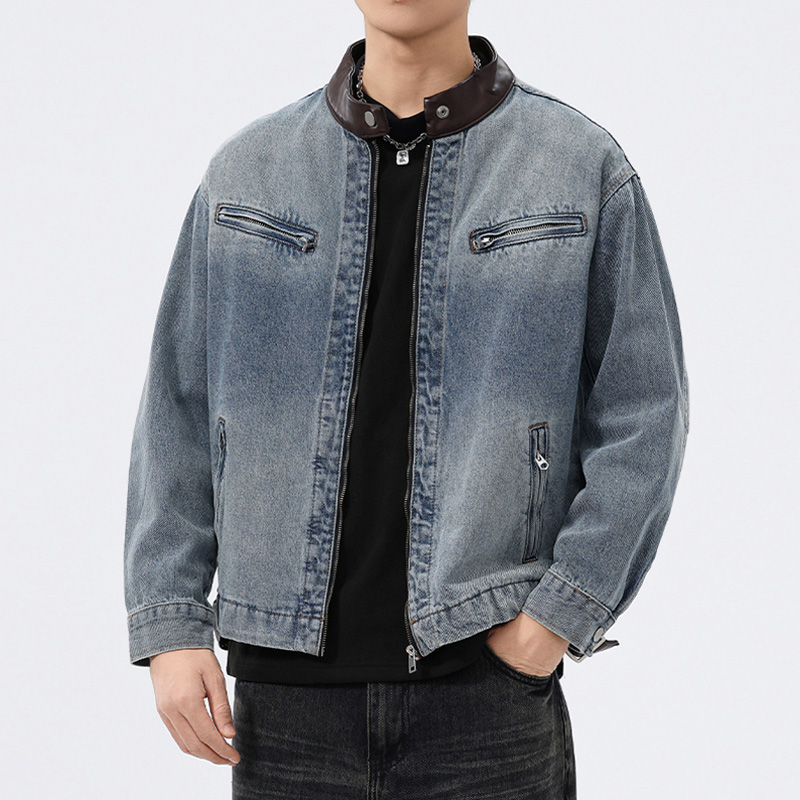 Stand Leather Collar Denim Jac - Mens Fashion Denim Jacket 评论和价格
