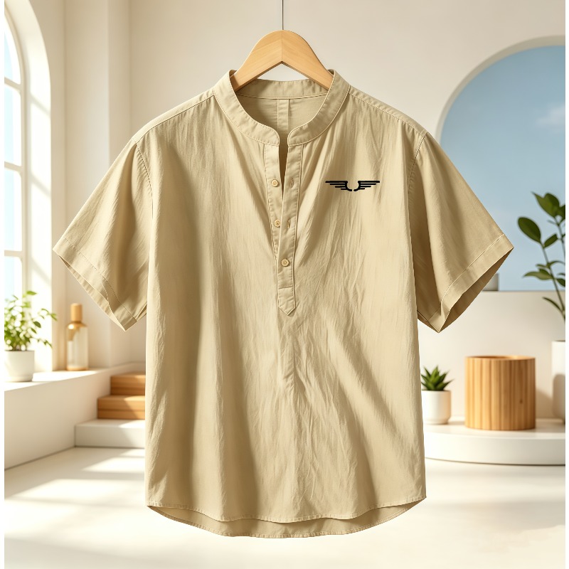Men's cotton and linen Henley  - Linen Shirt Summer 评论和价格
