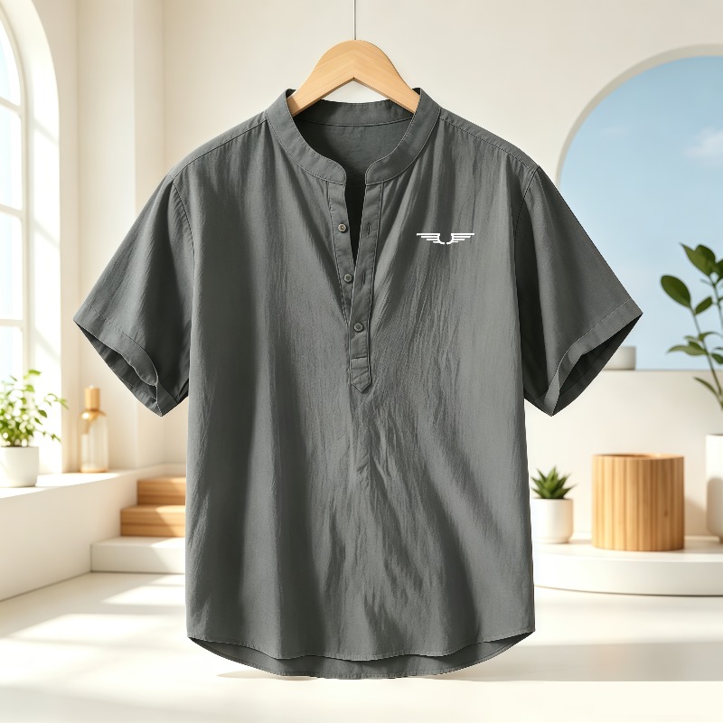 Men's cotton and linen Henley  - Linen Shirt Summer 评论和价格