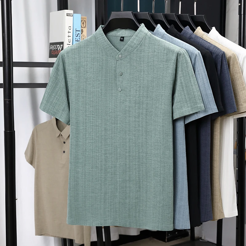 Mens Mandarin Collar Half Plac - Linen Shirt Summer 评论和价格
